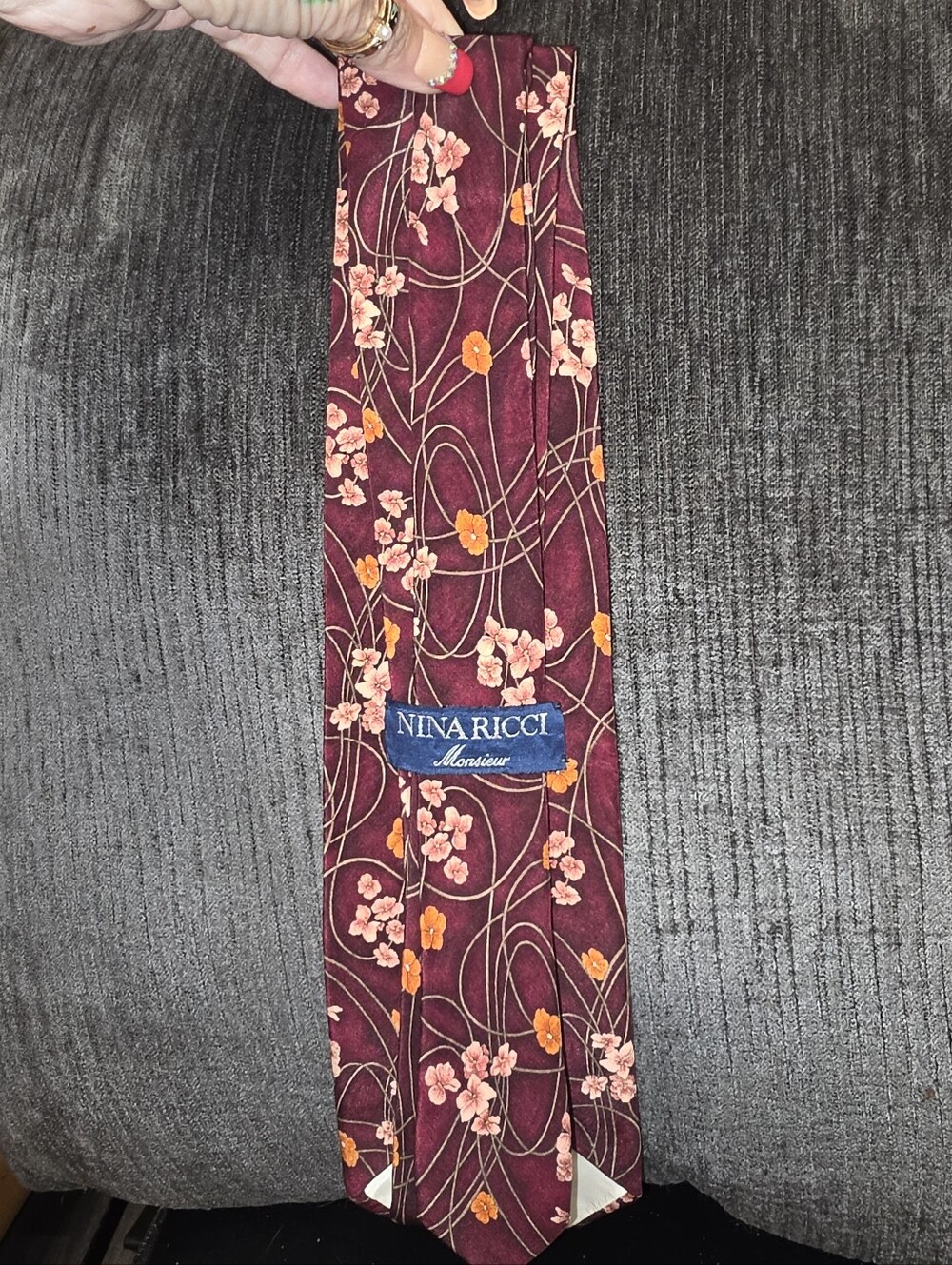 Nina Ricci Burgundy 100% Silk Tie with Pink and Orange Floral Print